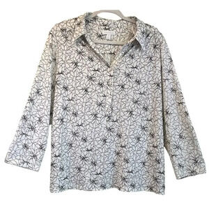 Charter Club Womens XL White Black Delicate Petals Printed Casual Polo